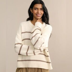 Jenni Kayne Large Chloe Crewneck Cotton Stripe Sweater Ivory Taupe Stripe